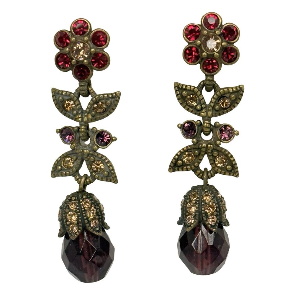 Hobe Red Flower Dangle Drop Earrings 2" Crystal Jewels Of Legendary Splendor